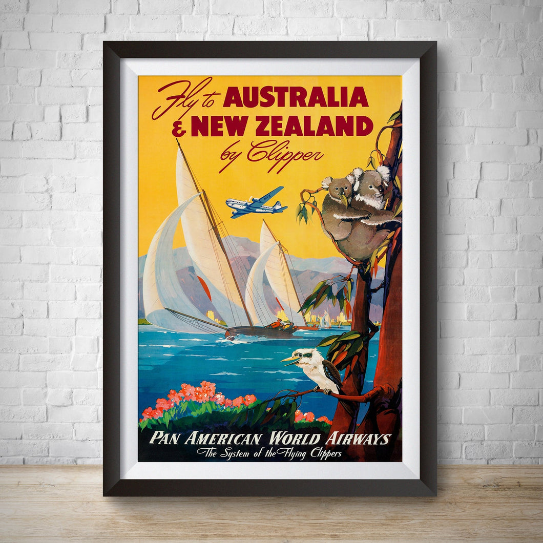Australia New Zealand 1960 Vintage Travel Poster Fly TWA Ad