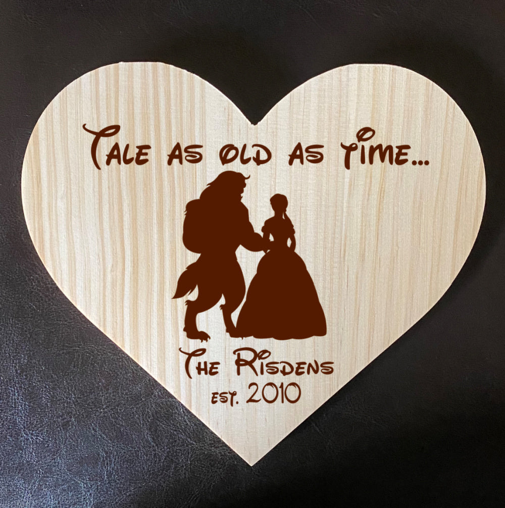Tale As Old As Time - Beauty & The Beast Inspired Wooden Heart Love Plaque - Personalized Family Name/Est Date