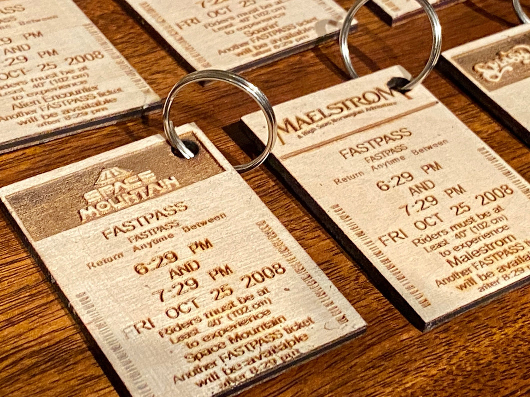 Laser Etched Classic Disney Park Fast Pass Keychains