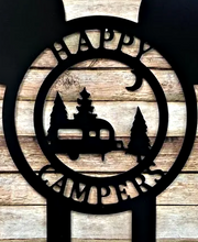 Load image into Gallery viewer, Mouse Ears Camper Decor - Happy Campers Personalized Campsite Signs - Camping Gift Ideas - 24&quot;x22&quot; Campsite Sign Decor w/ Stakes
