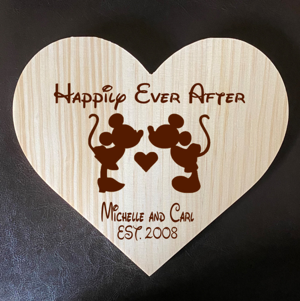 My Love!  Mickey & Minnie Inspired Wooden Heart Love Plaque - Personalized Family Name/Est Date