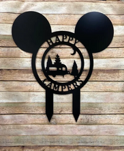 Load image into Gallery viewer, Mouse Ears Camper Decor - Happy Campers Personalized Campsite Signs - Camping Gift Ideas - 24&quot;x22&quot; Campsite Sign Decor w/ Stakes
