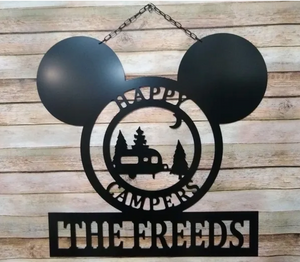 Mouse Ears Camper Decor -  Happy Campers Personalized Campsite Signs - Camping Gift Ideas - 24"x22" Hanging Sign Decor