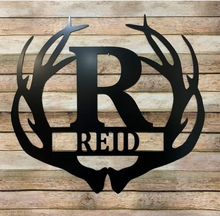 Load image into Gallery viewer, Deer Antlers Decor - Monogram + Last Name on Bottom - 18&quot; Family Monogram Sign
