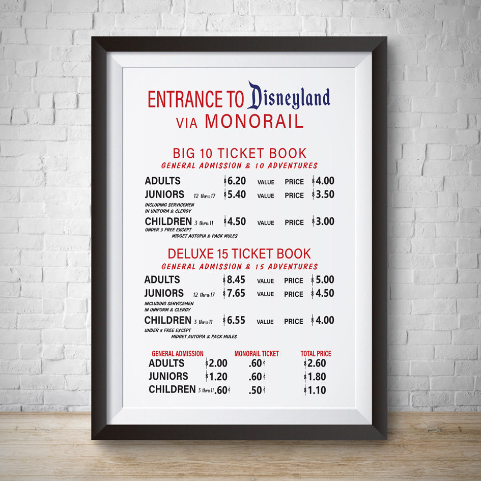 Vintage Disneyland Attraction Ticket Pricing Sign