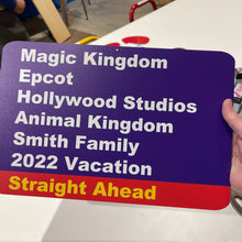 Load image into Gallery viewer, Personalized Nostalgic WDW Resort Purple Direction Signs - Vacation Countdown Decor - Metal ACM

