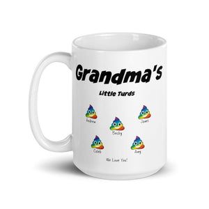 Grandma's Little Turds Mug - Personalized Gift with Names Of Grandchildren - Rainbow Poop Emoji