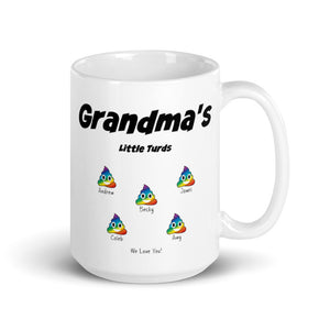Grandma's Little Turds Mug - Personalized Gift with Names Of Grandchildren - Rainbow Poop Emoji